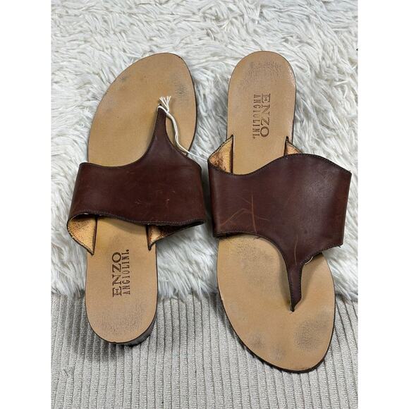 Enzo Angiolini Shoes Womens Size 8.5M Brown Leather Thong Block Heel Sandals - Picture 1 of 8